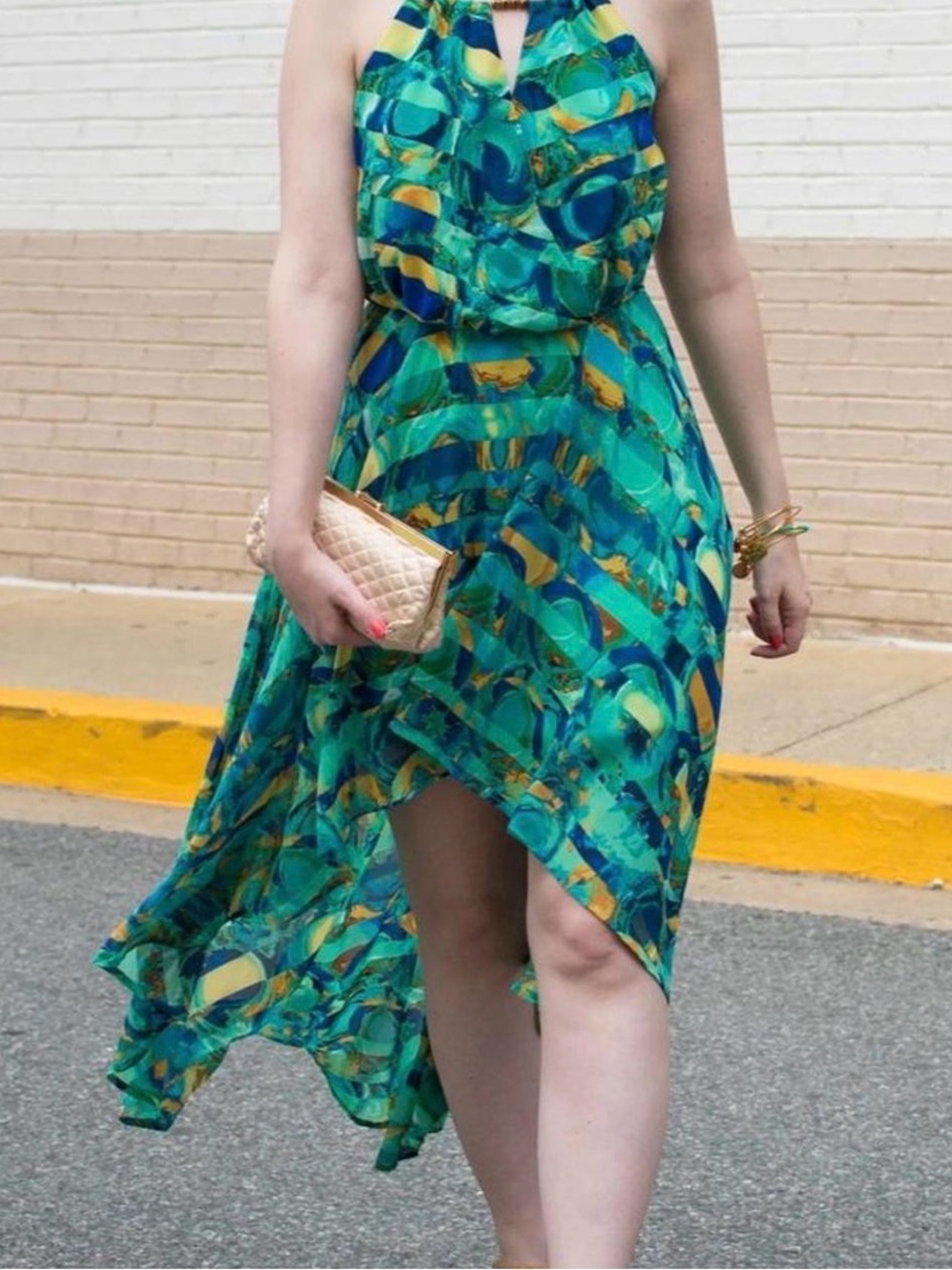 Mark. Abstract Print High Low Halter Maxi Dress Size M Blue Green Beaded
